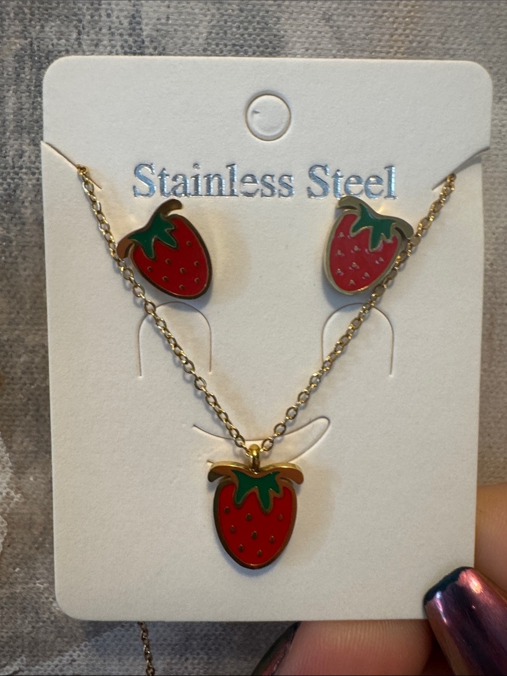 Stainless Steel Strawberry Pendant Necklace & Earrings Set - Red